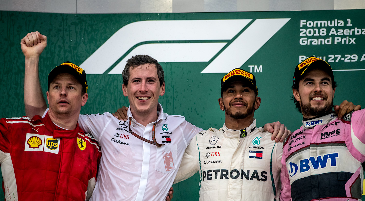Kimi Räikkönen, Peter Bonnington, Lewis Hamilton and Sergio Pérez, Baku,  2018